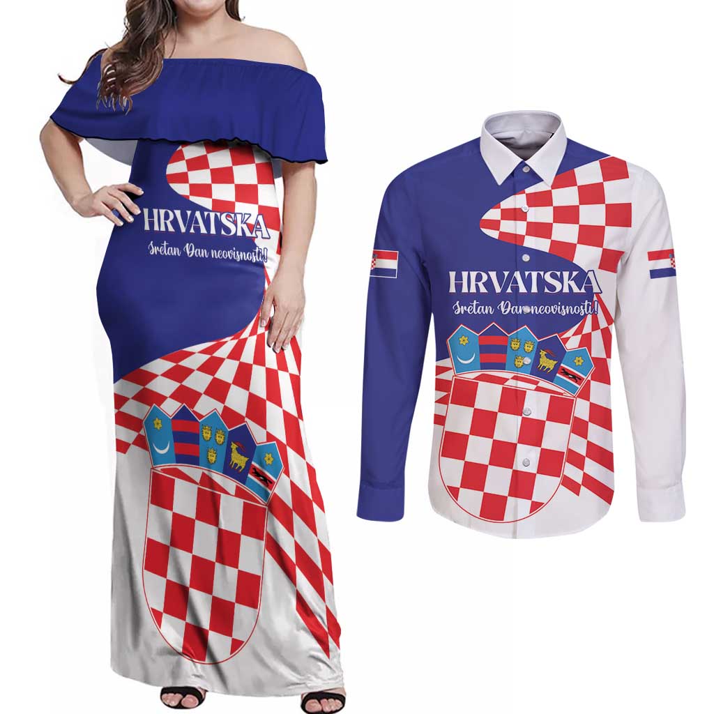 Personalized Croatia Independence Day 1991 Couples Matching Off Shoulder Maxi Dress and Long Sleeve Button Shirt Sretan Dan neovisnosti Hrvatske