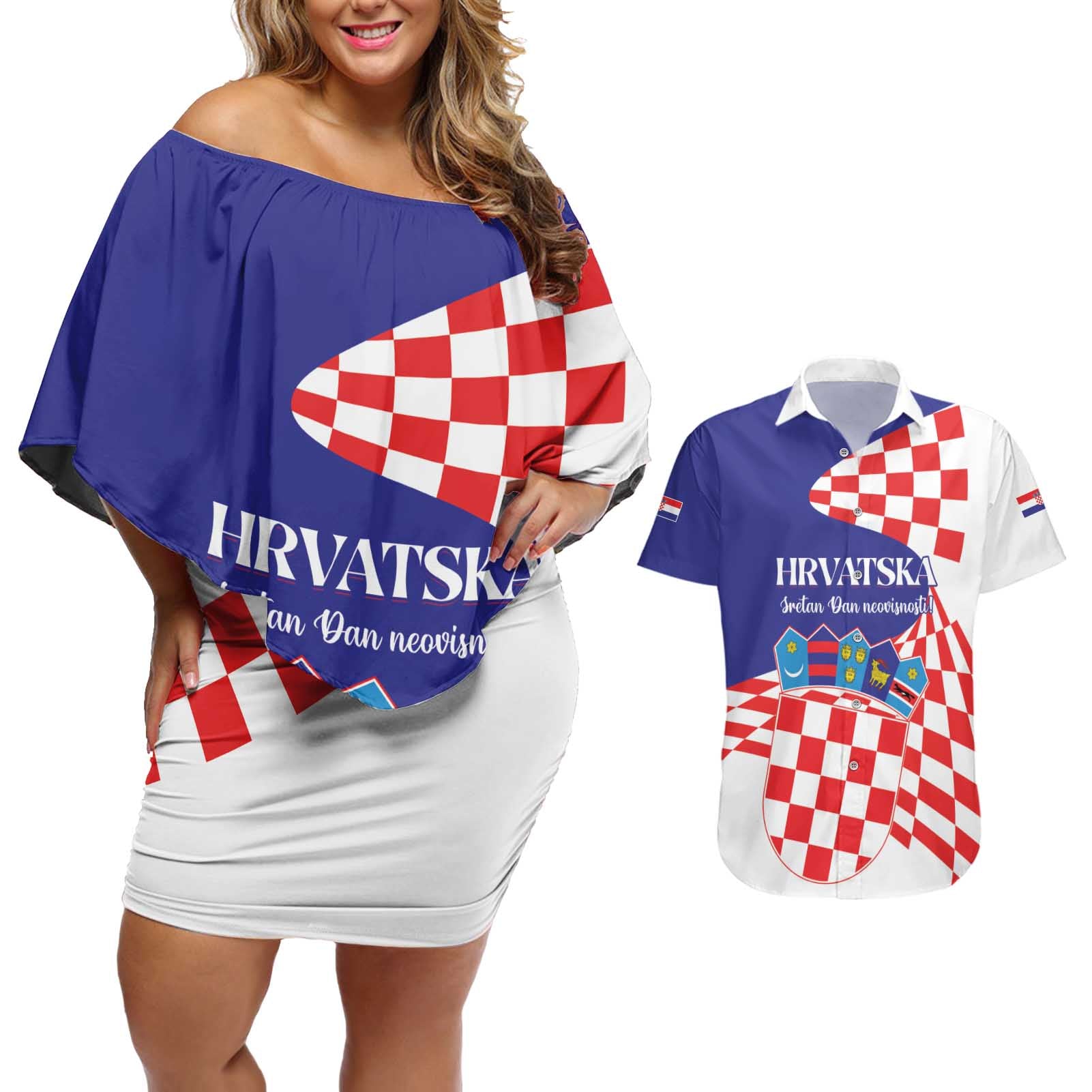 Personalized Croatia Independence Day 1991 Couples Matching Off Shoulder Short Dress and Hawaiian Shirt Sretan Dan neovisnosti Hrvatske