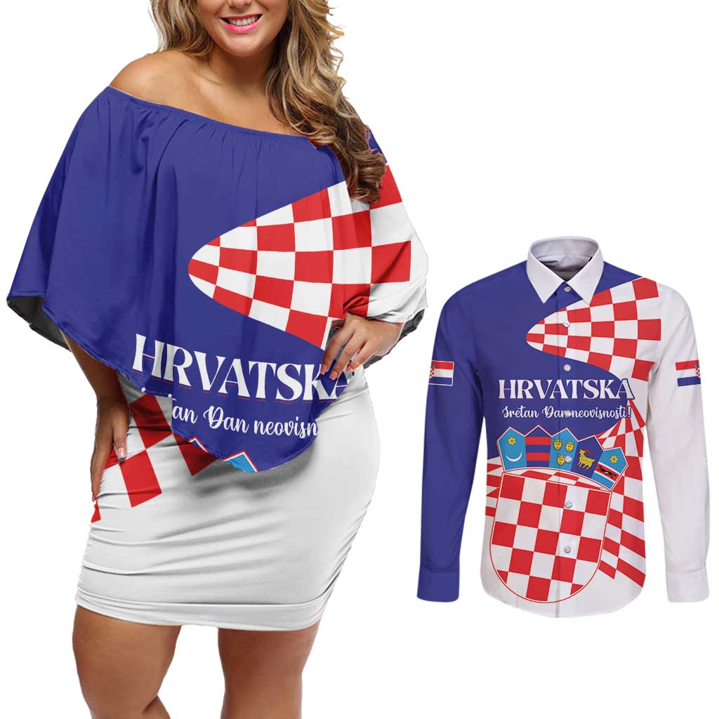 Personalized Croatia Independence Day 1991 Couples Matching Off Shoulder Short Dress and Long Sleeve Button Shirt Sretan Dan neovisnosti Hrvatske