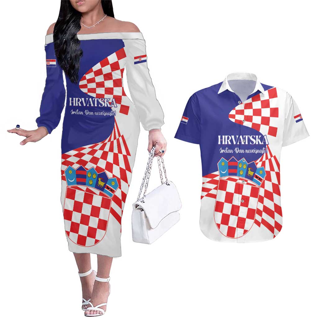 Personalized Croatia Independence Day 1991 Couples Matching Off The Shoulder Long Sleeve Dress and Hawaiian Shirt Sretan Dan neovisnosti Hrvatske