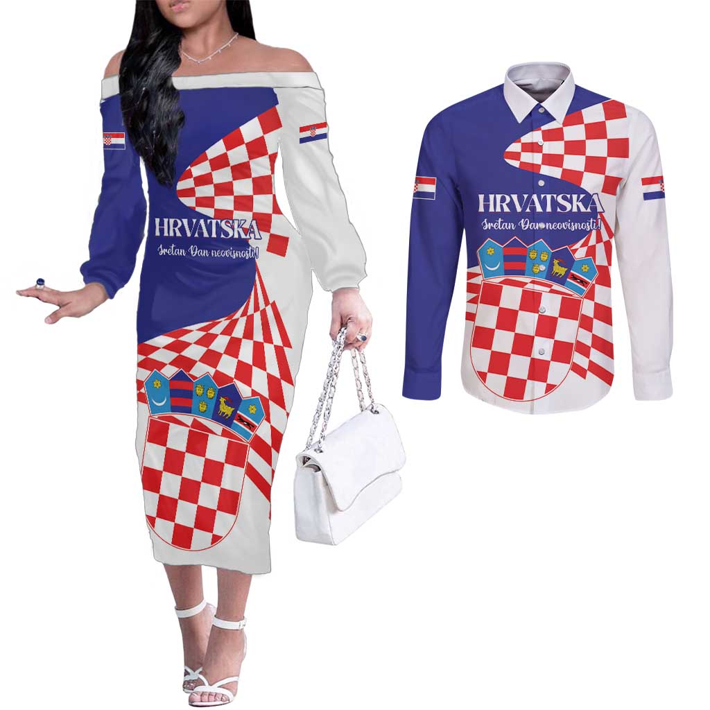 Personalized Croatia Independence Day 1991 Couples Matching Off The Shoulder Long Sleeve Dress and Long Sleeve Button Shirt Sretan Dan neovisnosti Hrvatske