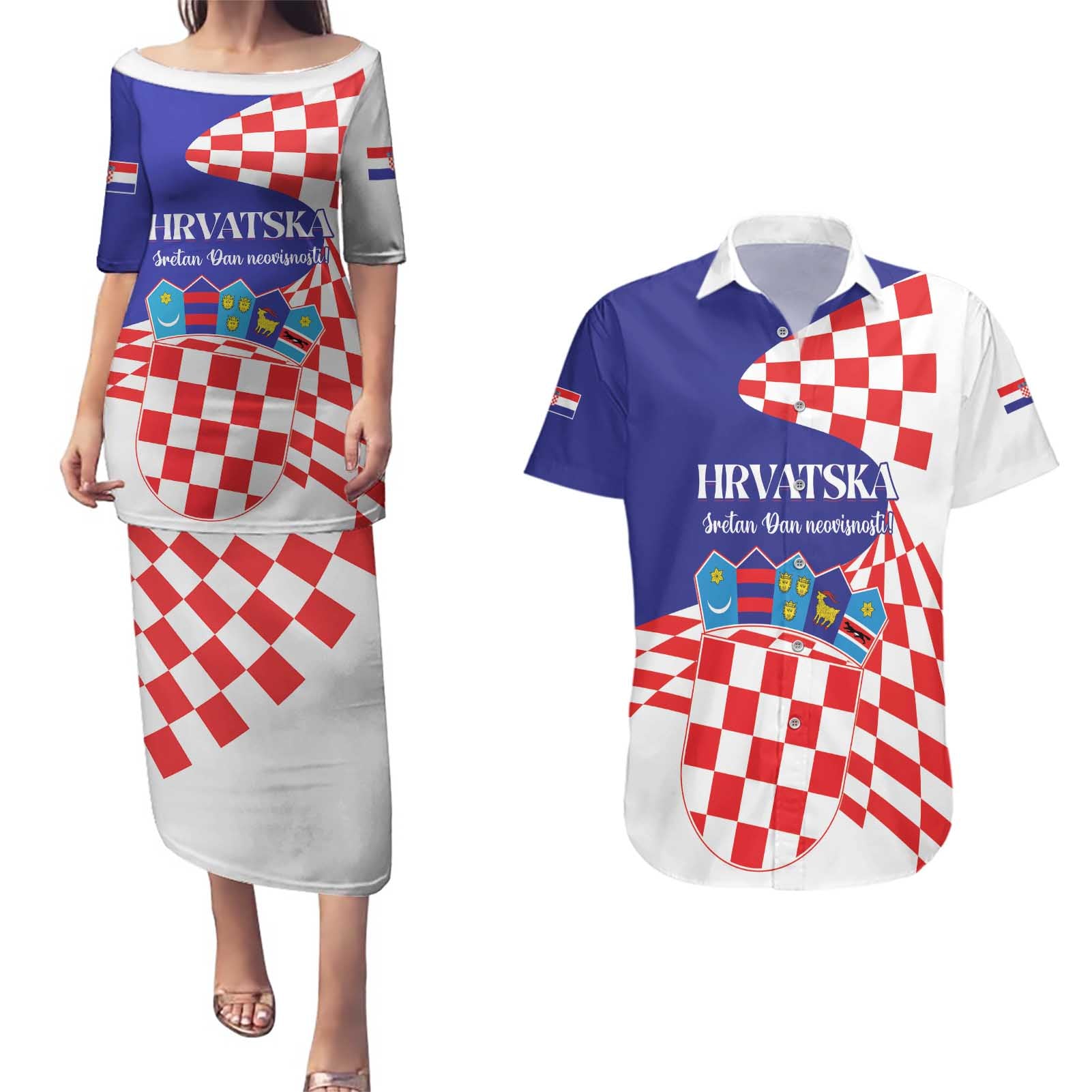 Personalized Croatia Independence Day 1991 Couples Matching Puletasi and Hawaiian Shirt Sretan Dan neovisnosti Hrvatske