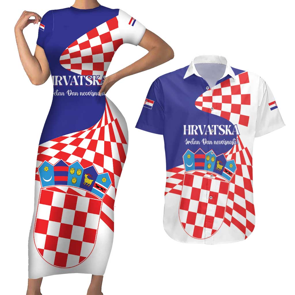 Personalized Croatia Independence Day 1991 Couples Matching Short Sleeve Bodycon Dress and Hawaiian Shirt Sretan Dan neovisnosti Hrvatske