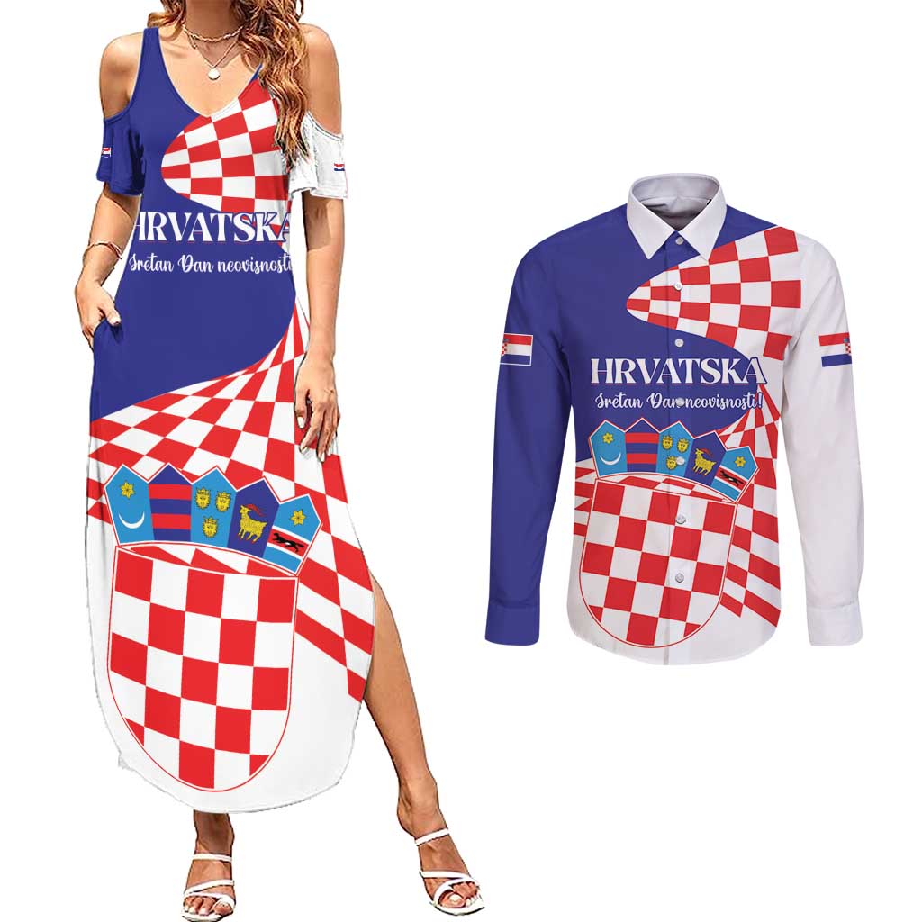 Personalized Croatia Independence Day 1991 Couples Matching Summer Maxi Dress and Long Sleeve Button Shirt Sretan Dan neovisnosti Hrvatske