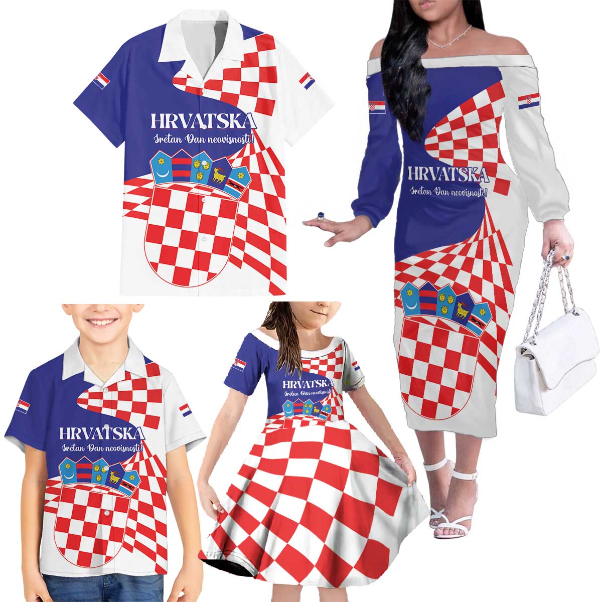 Personalized Croatia Independence Day 1991 Family Matching Off The Shoulder Long Sleeve Dress and Hawaiian Shirt Sretan Dan neovisnosti Hrvatske - Wonder Print Shop