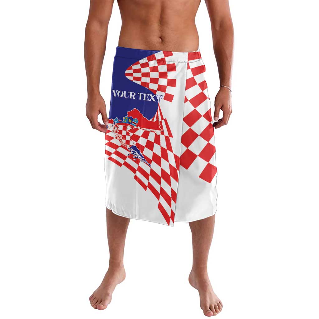 Lavalava wrap skirt in white with red checker design, blue map, and text banner