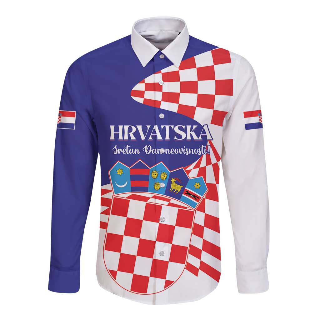 Croatia independence long-sleeve button shirt, white/blue with red check crest graphic