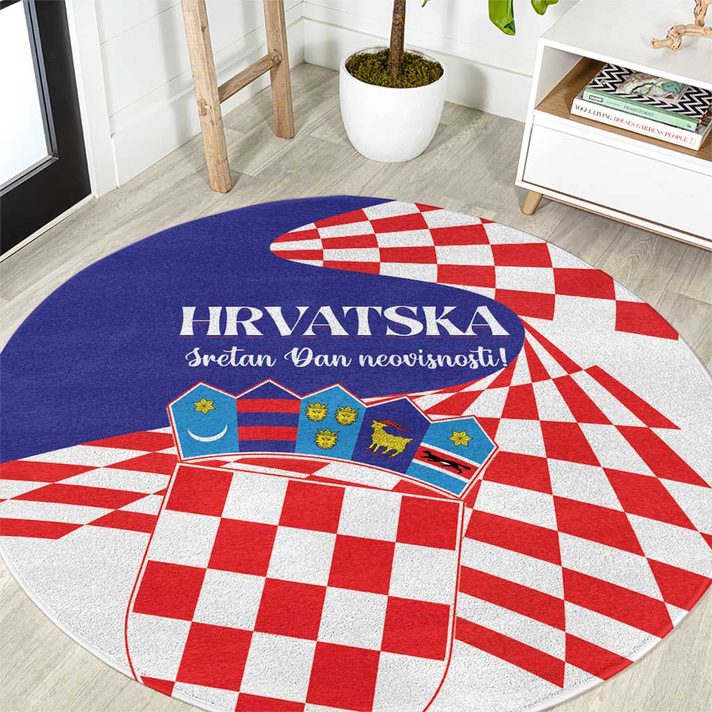 Round Croatia Independence Day carpet with blue top, red-and-white checker design, “Hrvatska” text