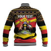 Black baseball jacket back with 'YOUR TEXT!' banner, Uganda flag graphic, striped ribbed cuffs.