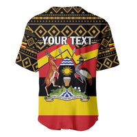 Personalized baseball jersey with black/gold pattern, 'YOUR TEXT' on back with Uganda emblems
