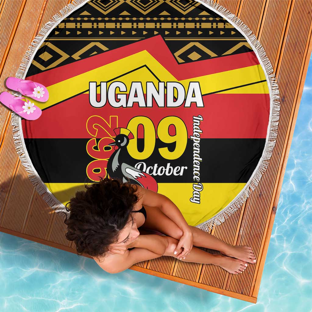 Round beach blanket with fringe, Uganda 09 October flag pattern in black, yellow, red.