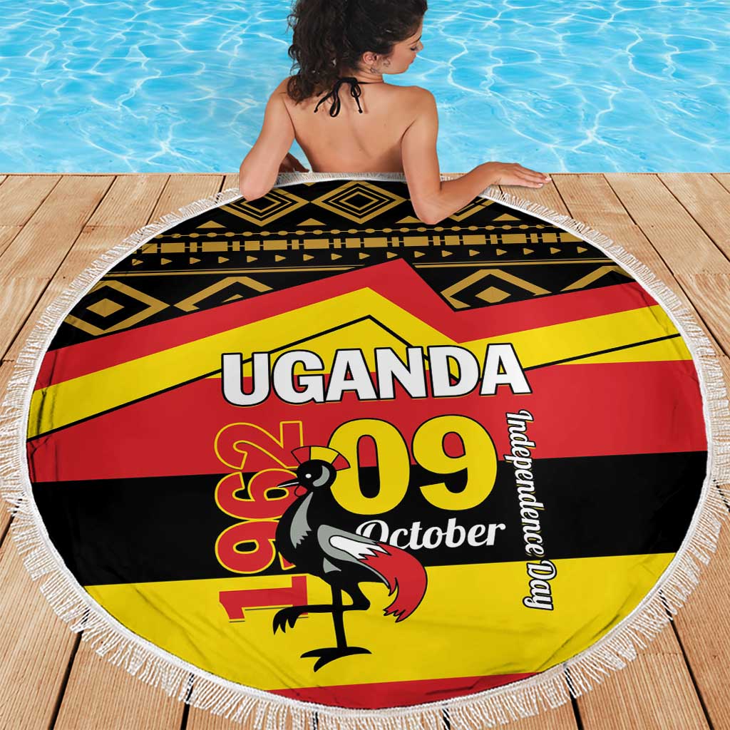 Round beach blanket with fringe, Uganda 09 October flag pattern with geometric black trim.