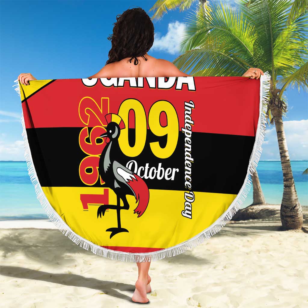 Round beach blanket with fringe, Uganda 09 October flag artwork with red, yellow, black stripes.