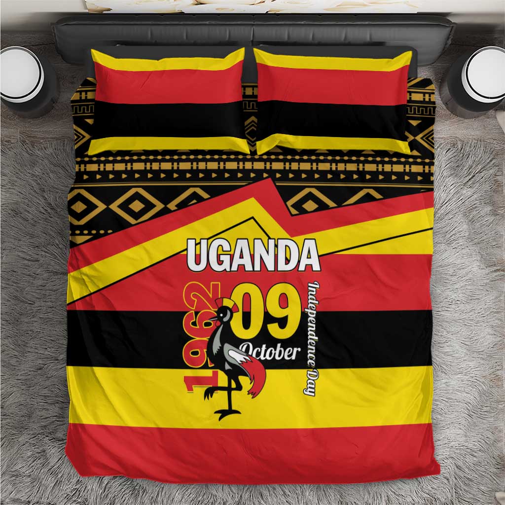 Uganda flag-themed bedding set with bold stripes, patterned bands, and “UGANDA 09 October” design