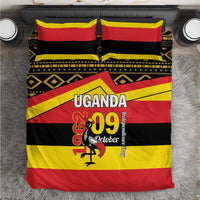Uganda flag-themed bedding set with bold stripes, patterned bands, and “UGANDA 09 October” design
