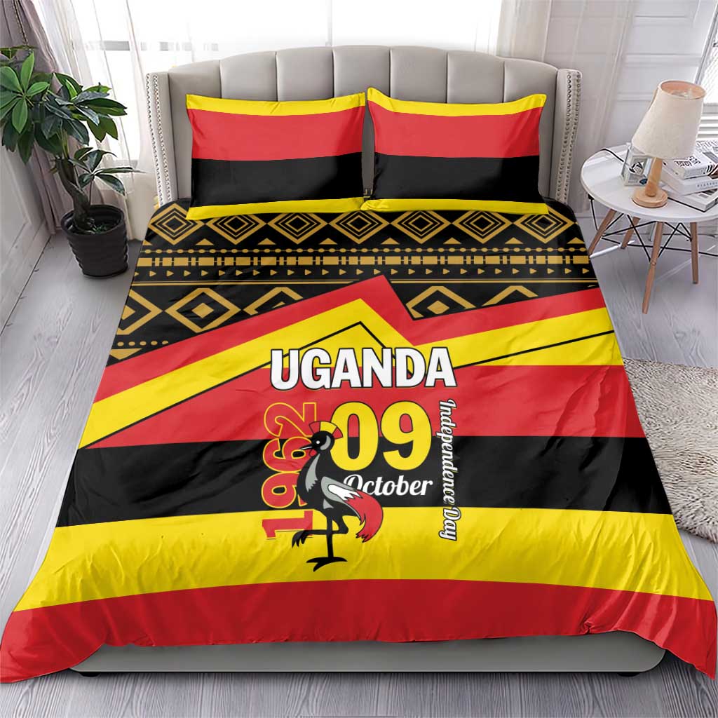 Uganda flag-themed duvet cover set with red, yellow, and black stripes plus “UGANDA 09 October”