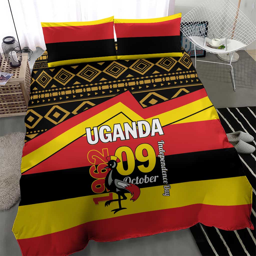 Uganda flag-themed bedding set featuring striped pattern and “UGANDA 09 October” graphic