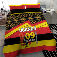 Uganda flag-themed bedding set featuring striped pattern and “UGANDA 09 October” graphic