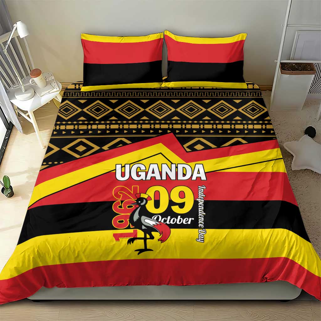 Uganda flag-themed duvet cover with red, yellow, black stripes and “UGANDA 09 October”