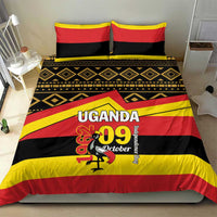 Uganda flag-themed duvet cover with red, yellow, black stripes and “UGANDA 09 October”