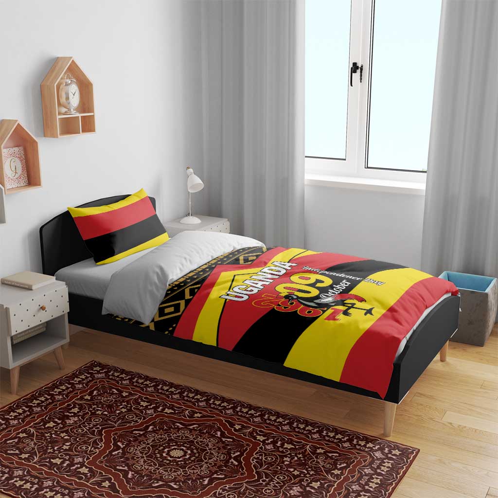 Uganda flag-themed bedding set on bed with matching duvet and pillows featuring “UGANDA 09 October”