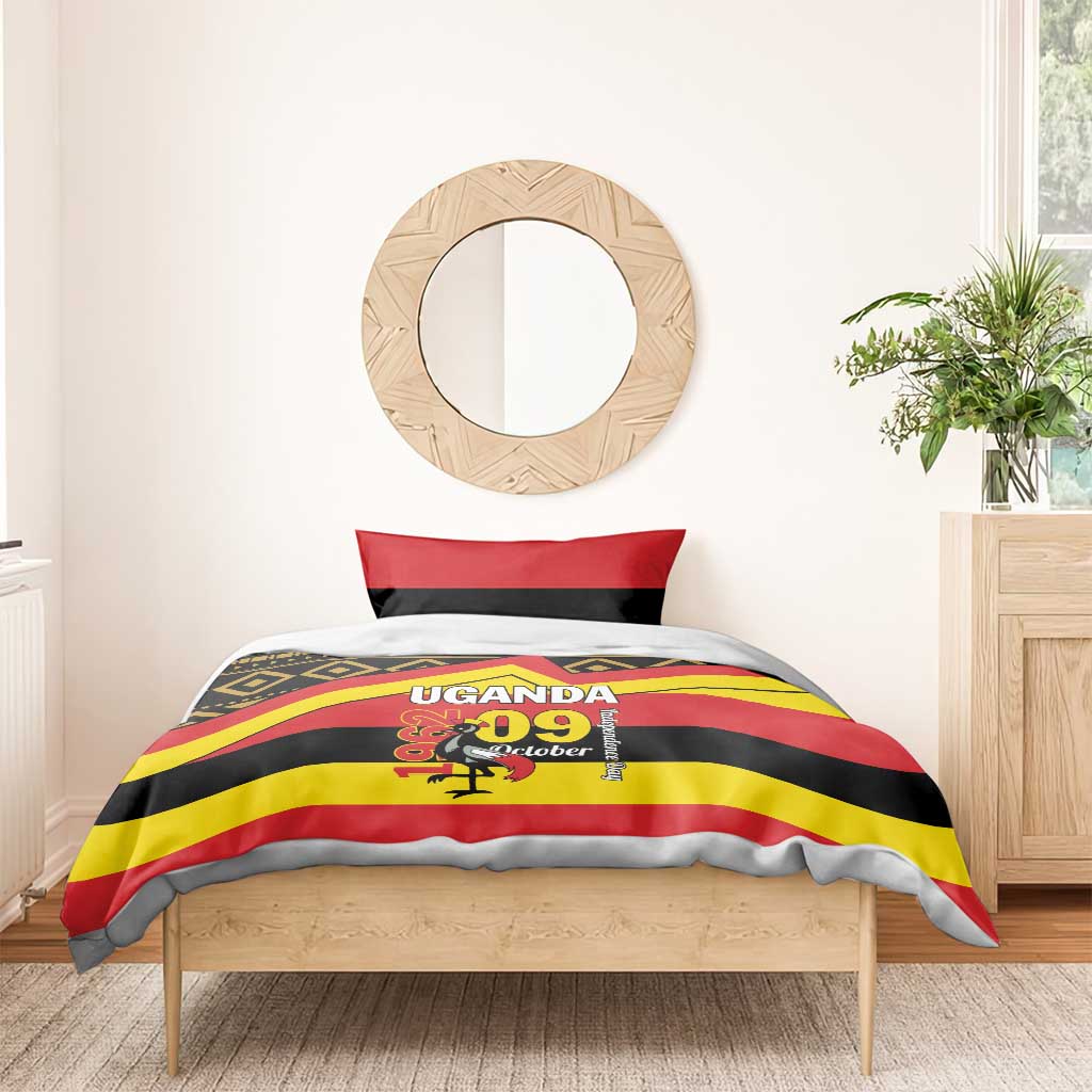 Uganda flag-themed duvet cover with bold stripes and “UGANDA 09 October” design on bed