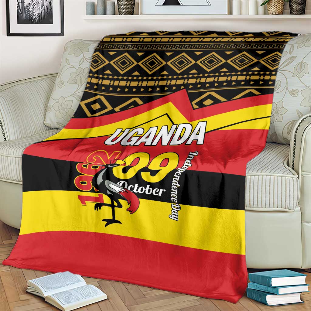 Uganda Independence Day blanket with black geometric pattern and red-yellow Uganda emblem