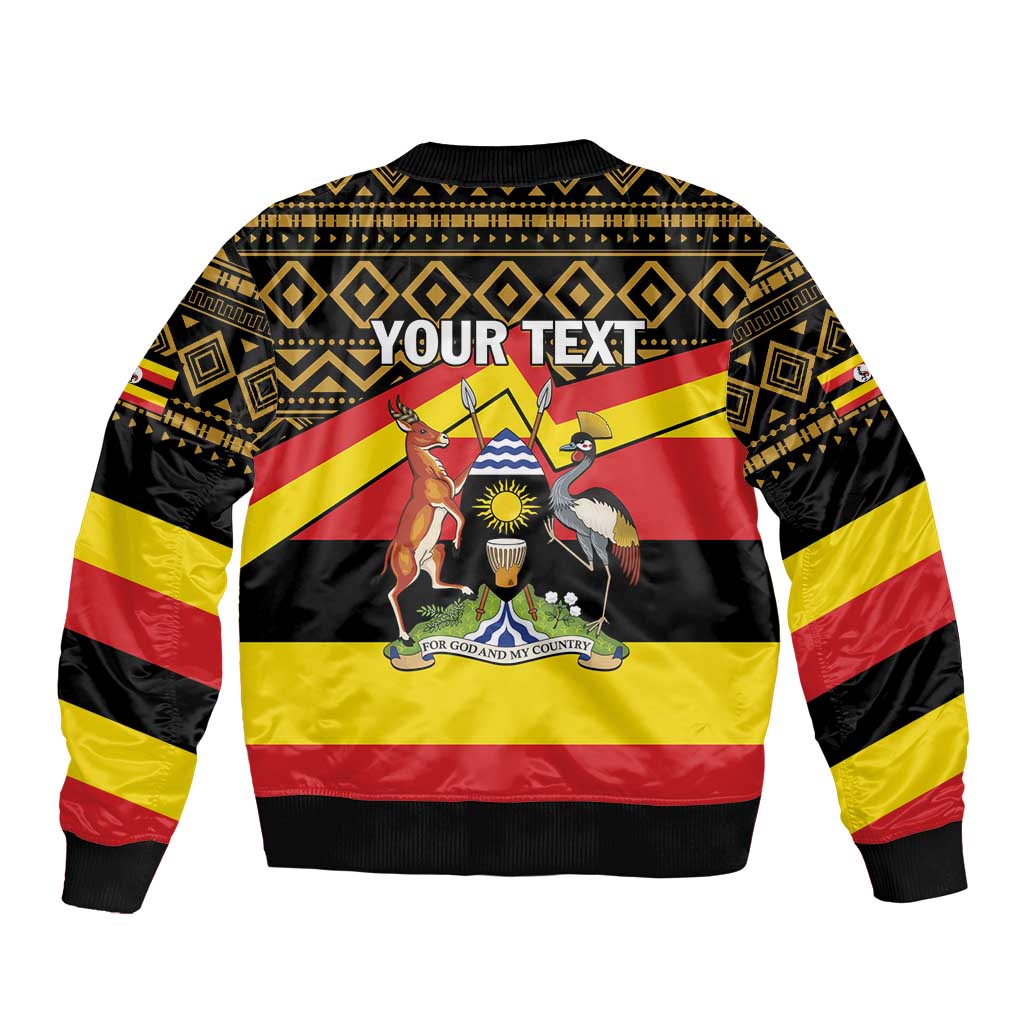 Black bomber jacket with gold geometric yoke, red-yellow stripes, back 'YOUR TEXT' graphic and animals