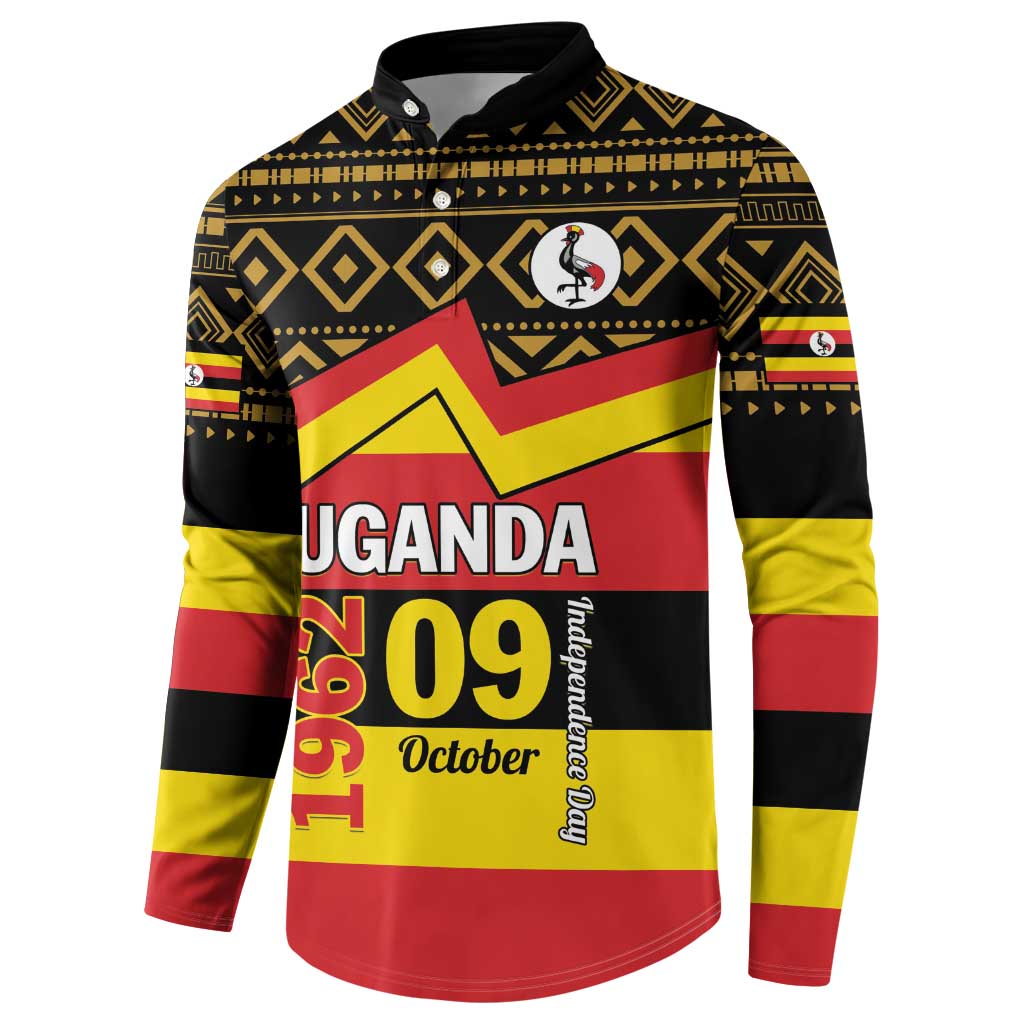 Black henley sweatshirt with Uganda flag diamond trim and 'UGANDA 1962 09 October' front