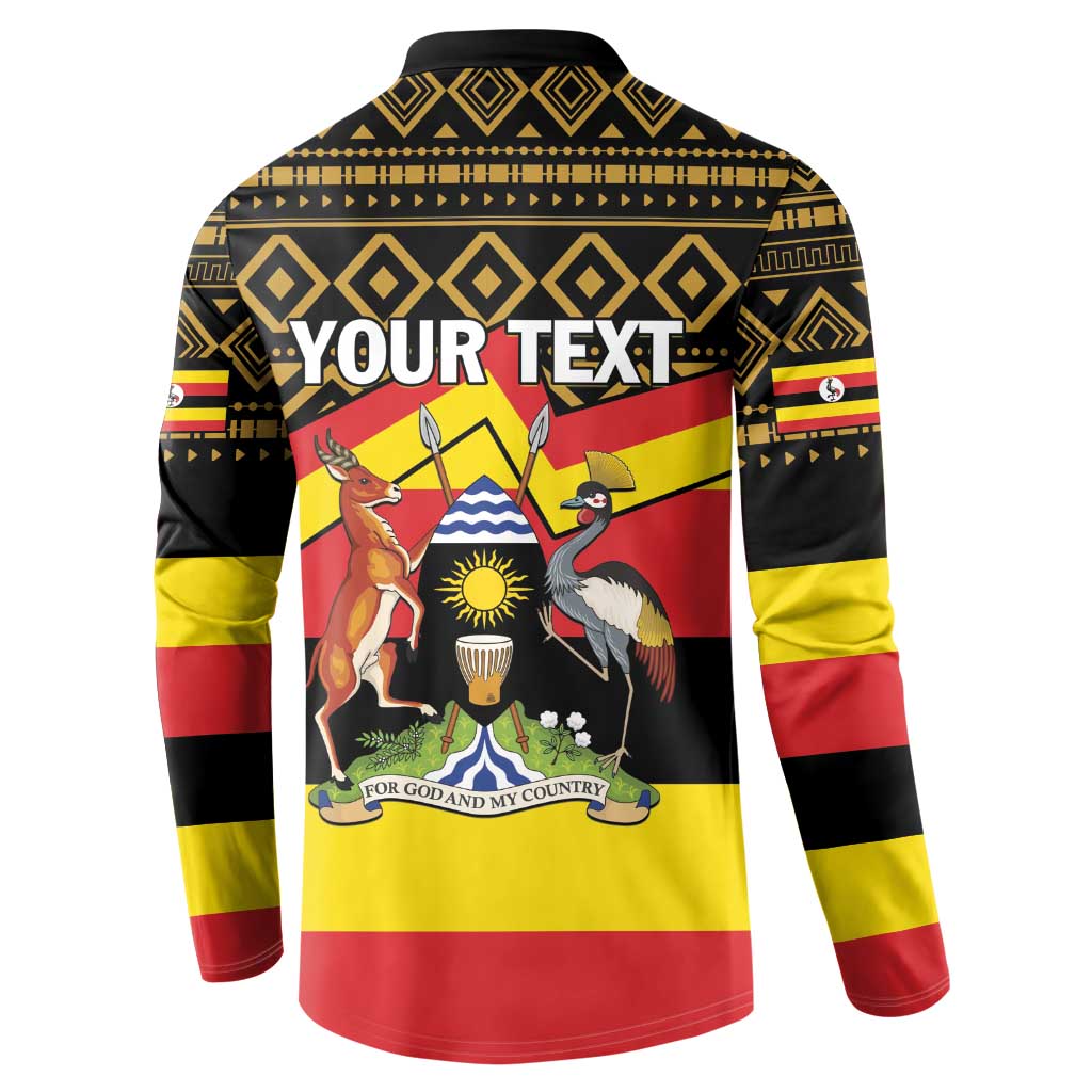 Back of black henley sweatshirt with Uganda flag animal scene and 'YOUR TEXT' text