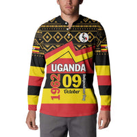 Black henley sweatshirt with Uganda flag stripe pattern, UGANDa 1962 09 October front print