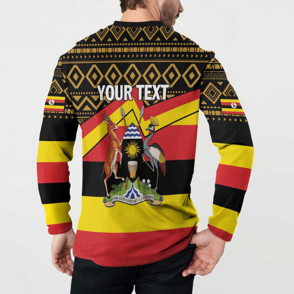Back of black henley sweatshirt with Uganda flag pattern and 'YOUR TEXT' across shoulders