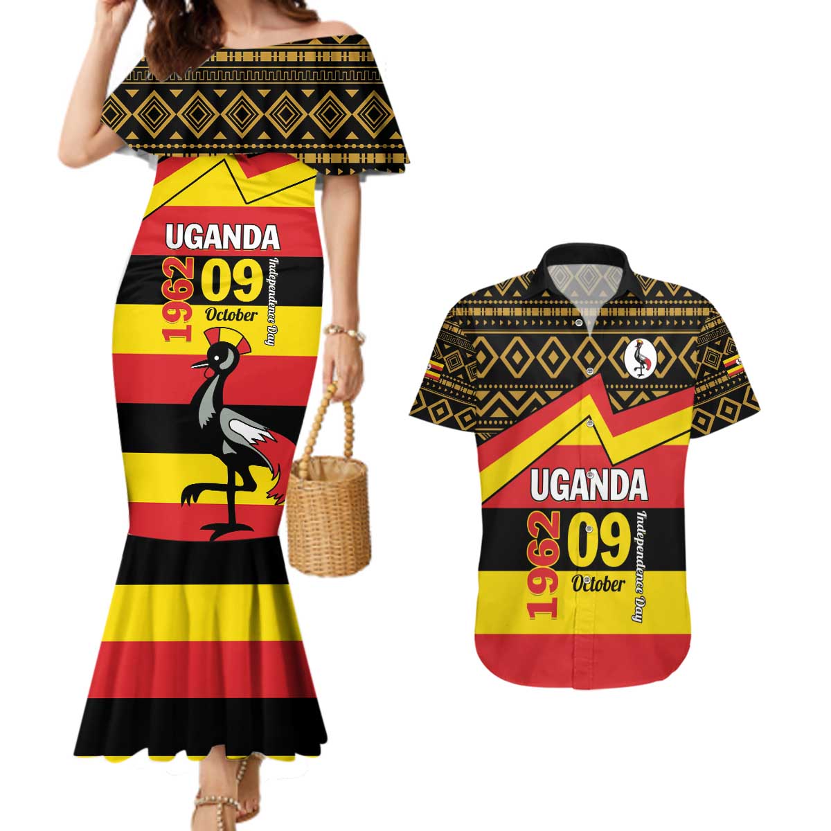 Personalized Uganda Independence Day 1962 Couples Matching Mermaid Dress and Hawaiian Shirt African Pattern - Wonder Print Shop