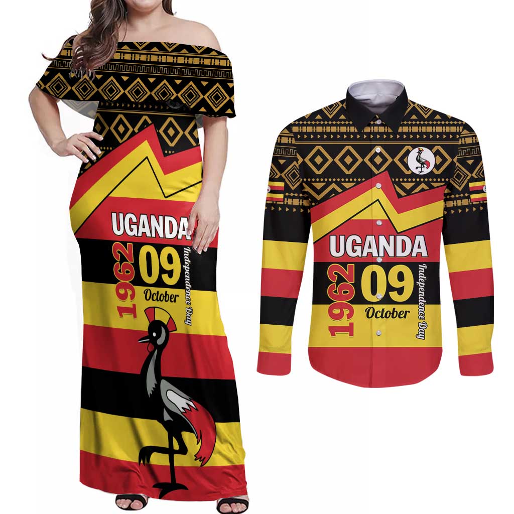 Personalized Uganda Independence Day 1962 Couples Matching Off Shoulder Maxi Dress and Long Sleeve Button Shirt African Pattern - Wonder Print Shop