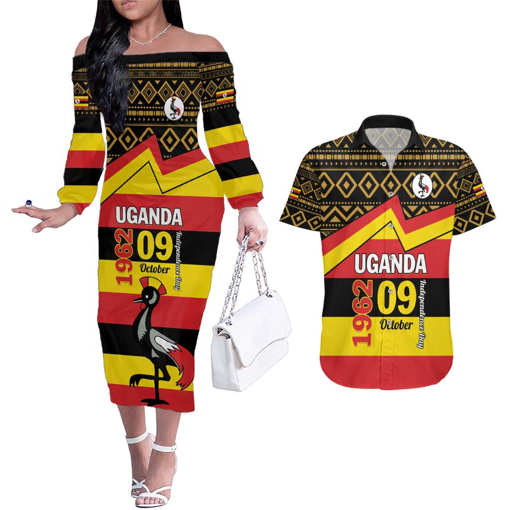 Personalized Uganda Independence Day 1962 Couples Matching Off The Shoulder Long Sleeve Dress and Hawaiian Shirt African Pattern - Wonder Print Shop