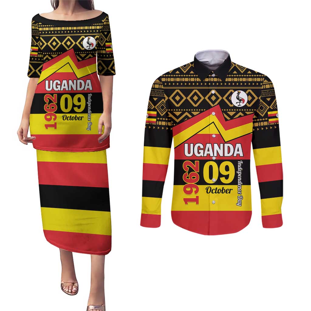 Personalized Uganda Independence Day 1962 Couples Matching Puletasi and Long Sleeve Button Shirt African Pattern - Wonder Print Shop