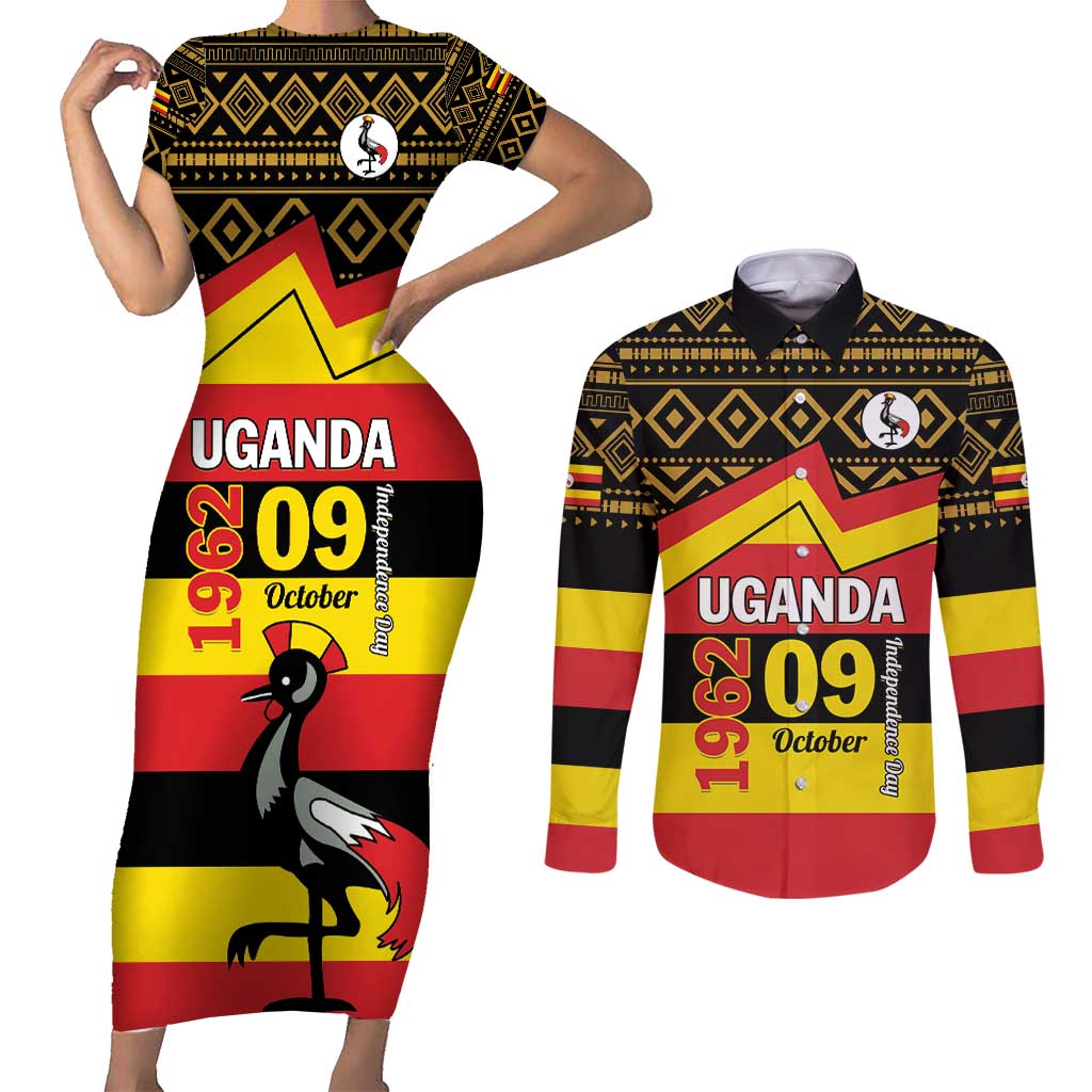 Personalized Uganda Independence Day 1962 Couples Matching Short Sleeve Bodycon Dress and Long Sleeve Button Shirt African Pattern - Wonder Print Shop