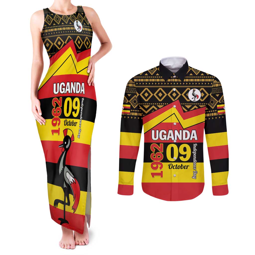 Personalized Uganda Independence Day 1962 Couples Matching Tank Maxi Dress and Long Sleeve Button Shirt African Pattern - Wonder Print Shop