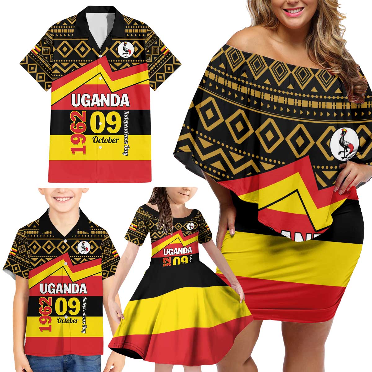 Personalized Uganda Independence Day 1962 Family Matching Off Shoulder Short Dress and Hawaiian Shirt African Pattern - Wonder Print Shop