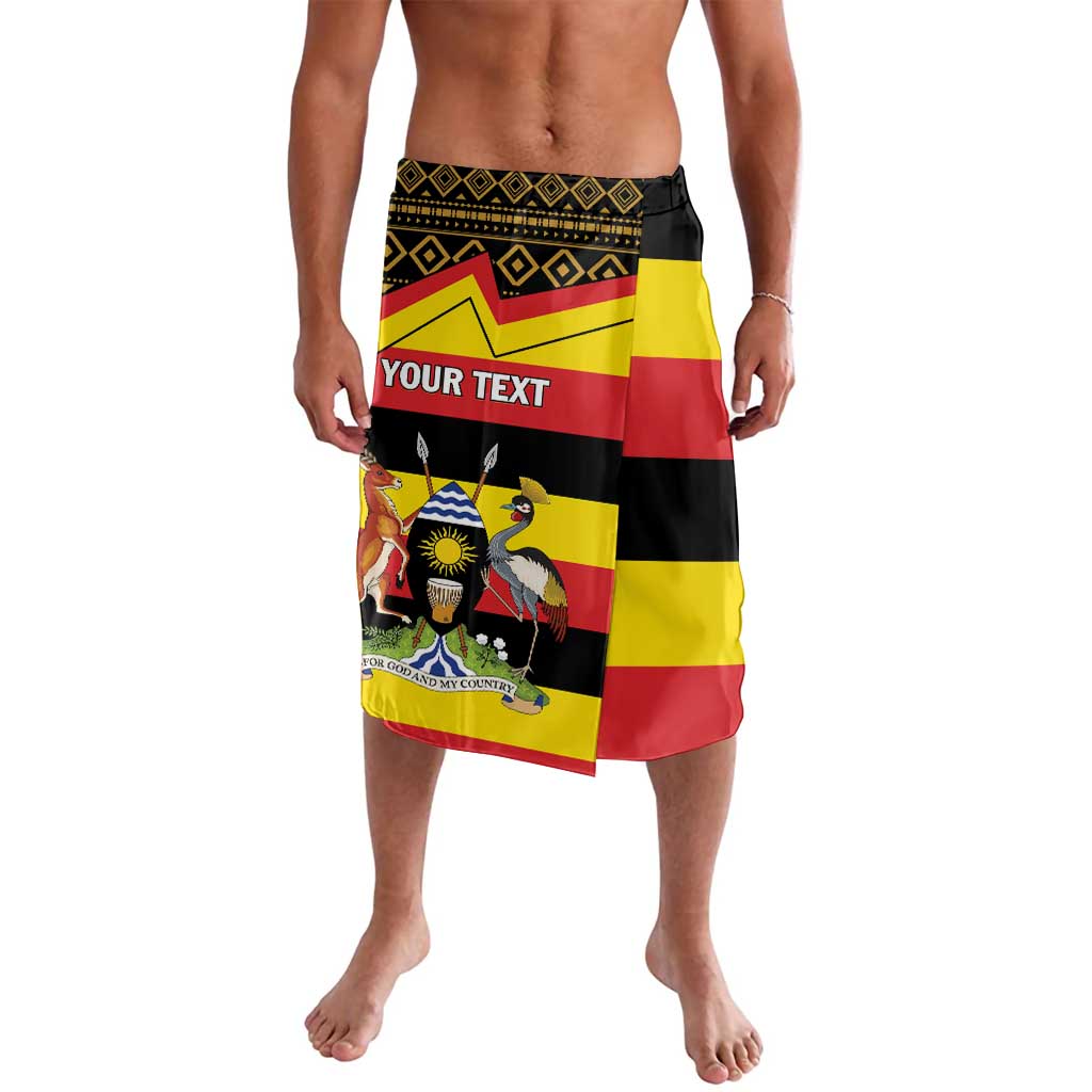 Personalized lavalava wrap skirt with black waistband and Ugandan flag panel, bold text