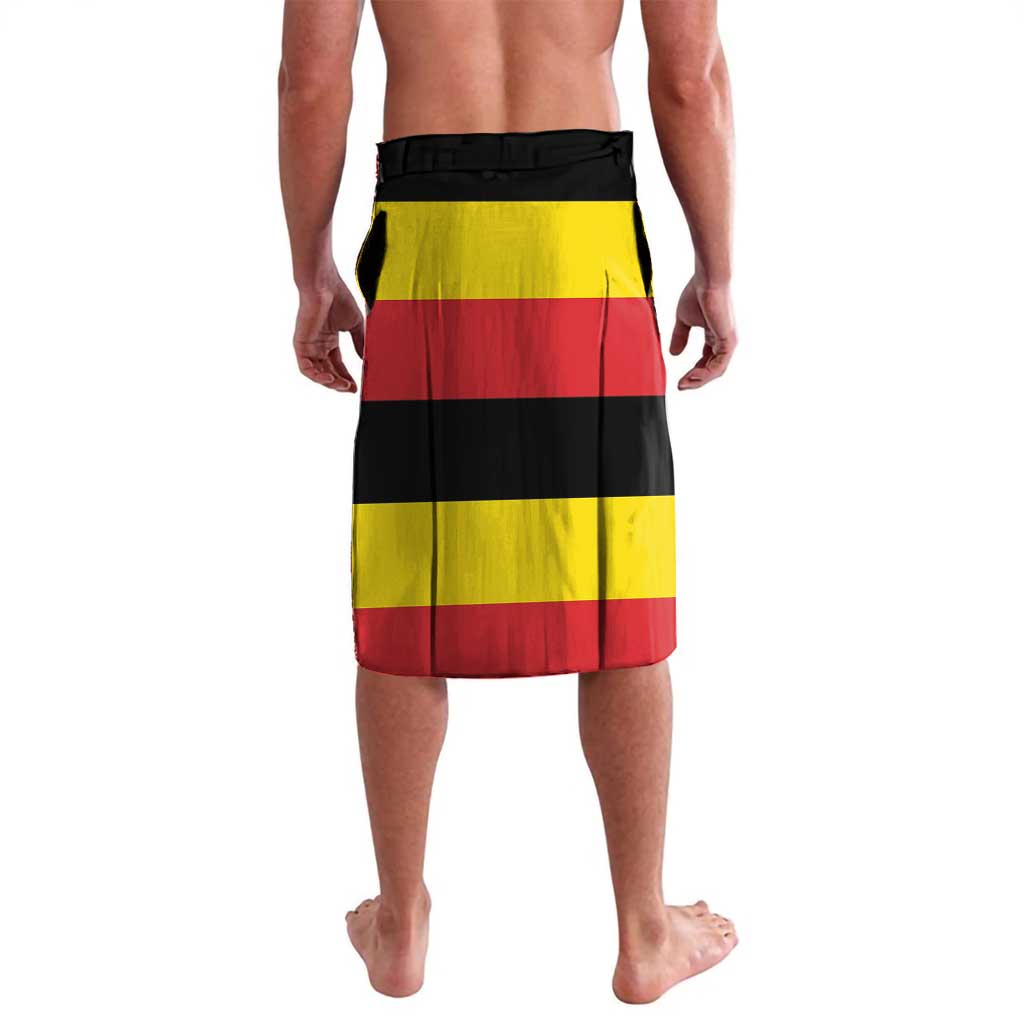 Lavalava wrap skirt with black top band and red, yellow, black horizontal stripes