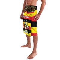 Personalized lavalava wrap skirt, black band with central Uganda emblem and 'YOUR TEXT'