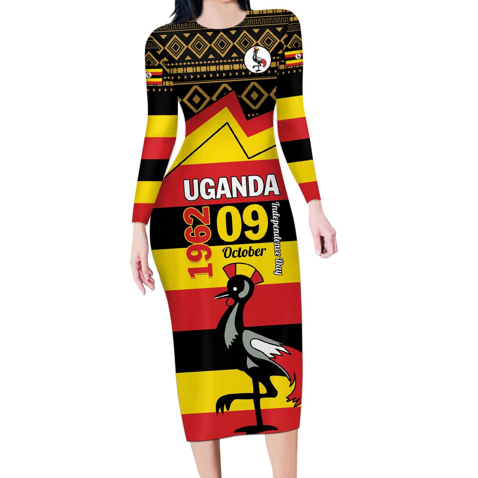 Personalized Uganda Independence Day 1962 Long Sleeve Bodycon Dress African Pattern - Wonder Print Shop