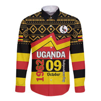 Black long-sleeve button shirt with 'UGANDA' date graphic and October 09 front print