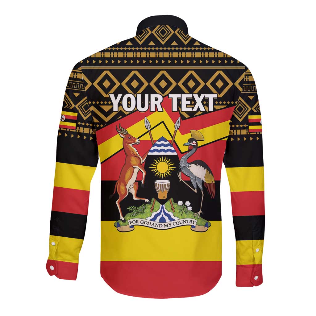 Black long-sleeve button shirt with African geometric print and YOUR TEXT back