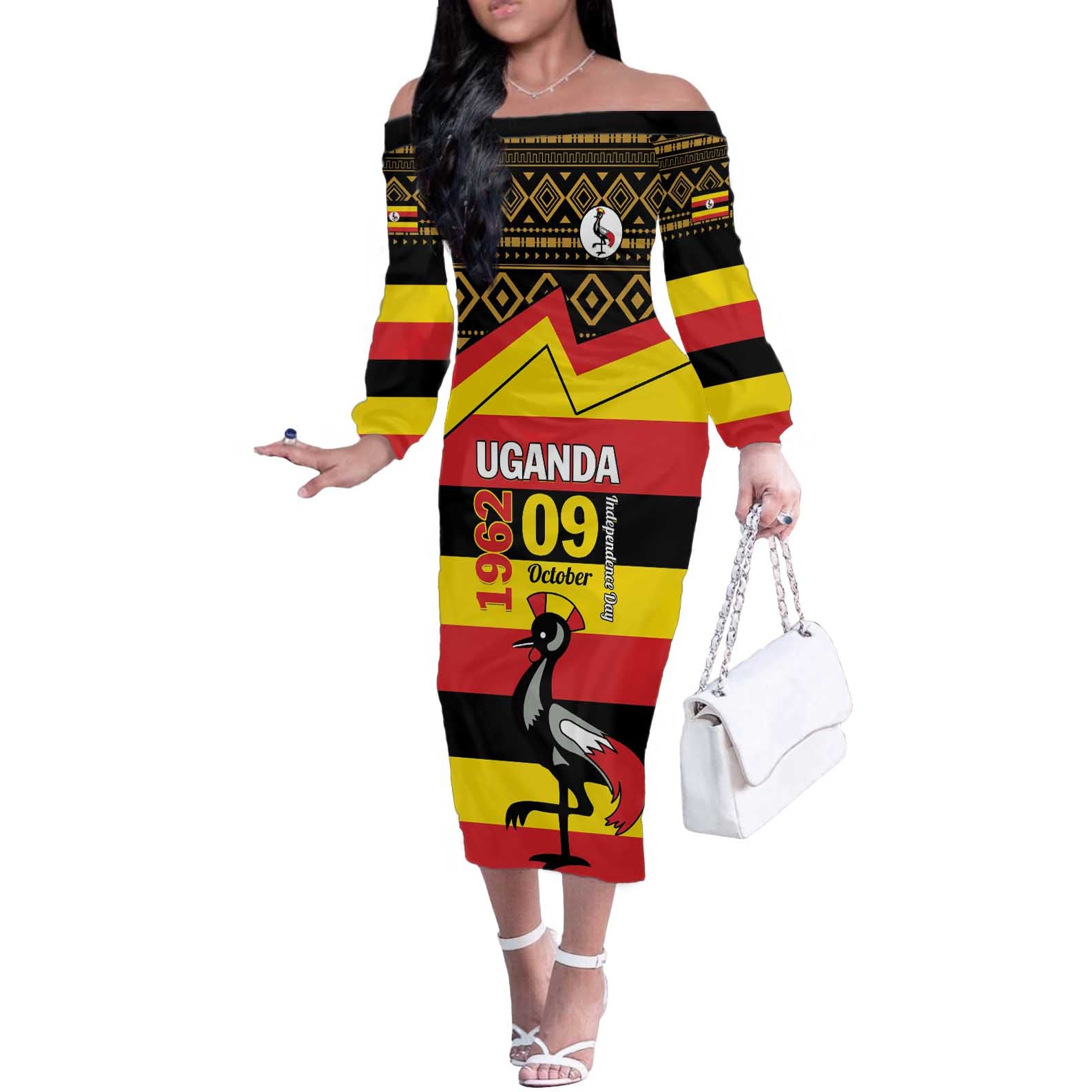 Personalized Uganda Independence Day 1962 Off The Shoulder Long Sleeve Dress African Pattern - Wonder Print Shop