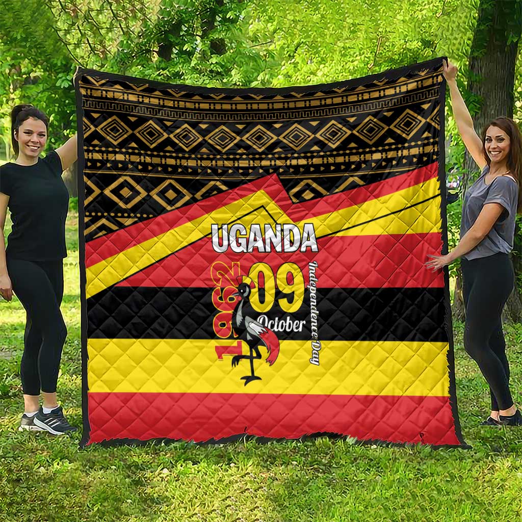 Uganda-themed quilt blanket featuring black diamonds, yellow and red stripes, and “UGANDA 09 October”