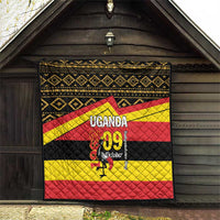 Uganda-themed quilt wall display with black geometric top, yellow/red stripes, and “UGANDA 09 October”
