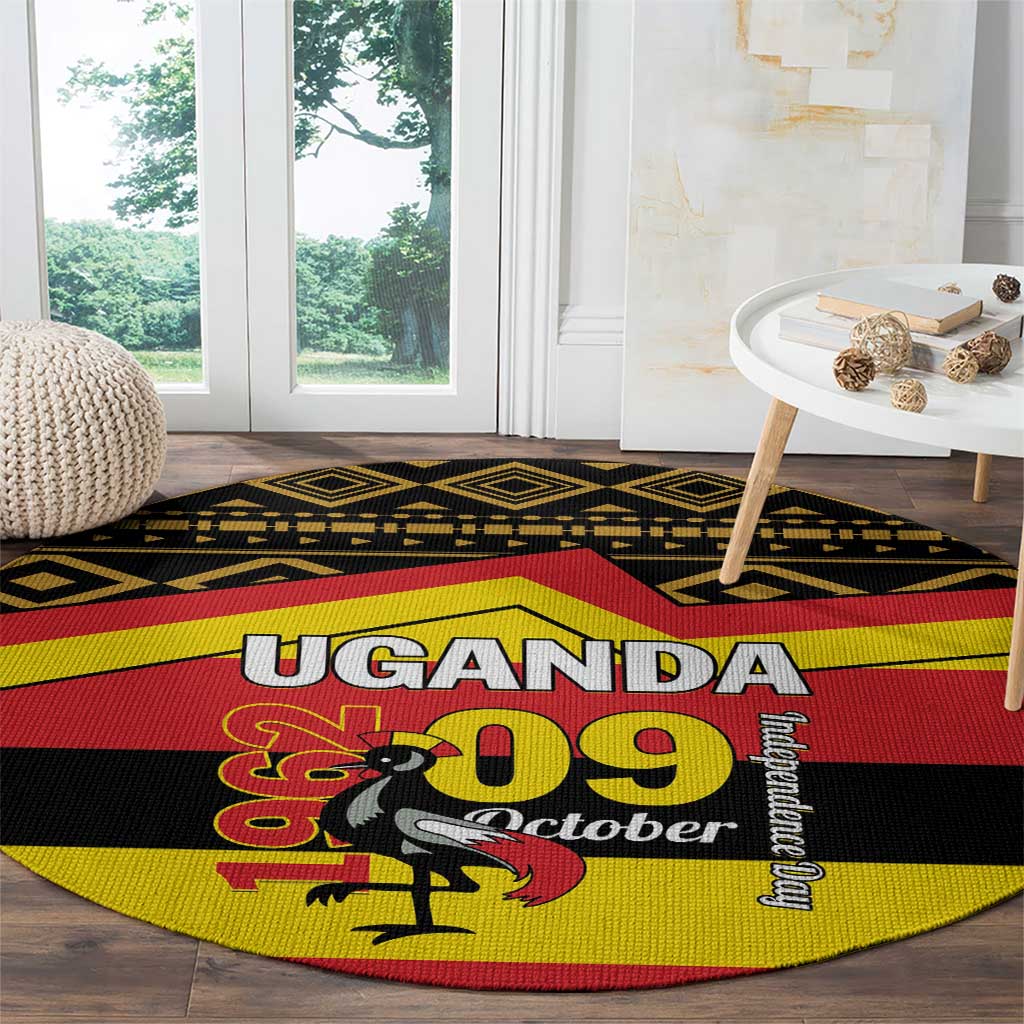 Round Uganda 1969 October carpet, bold Uganda text and animal emblem on red, black, yellow
