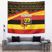 Uganda independence day hanging tapestry with black, yellow, red stripes and geometric trim